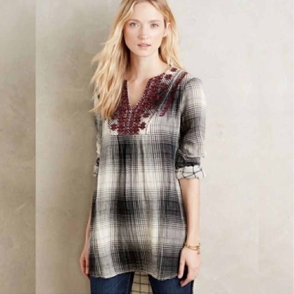 FLOREAT Anthropologie Women’s Embroidered Beaded Gauze Tunic Shirt Sz Large